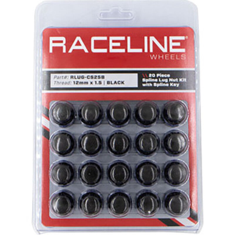 Raceline Spline Lug Nut Kit with Spline Key 12 x 1.5 - 20 Pack - Black