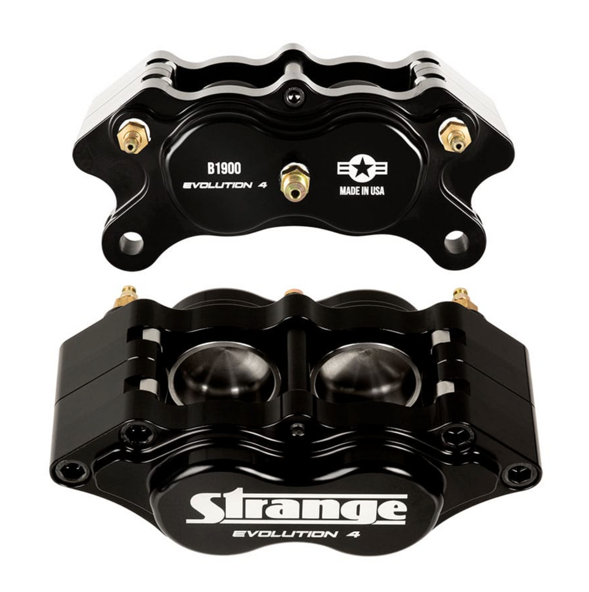 Strange Evolution Dynamic Drive Mount Front Brake Kit 2015-2023 Ford Mustang - 4 1/2" B.C. Evolution S Rotors, 4 Piston Billet Evolution 4 Calipers With DTC-30 Semi Metallic Pads