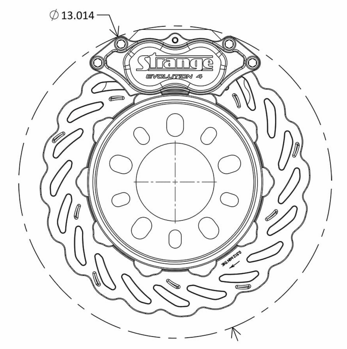 Strange Evolution Dynamic Drive Mount Front Brake Kit 2015-2023 Ford Mustang - 4 1/2" B.C. Evolution S Rotors, 4 Piston Billet Evolution 4 Calipers With DTC-30 Semi Metallic Pads