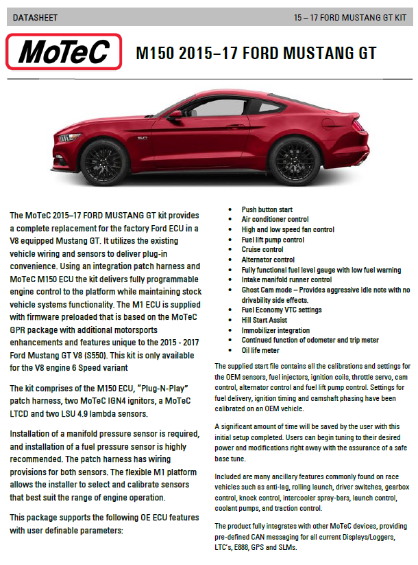 MoTeC 2015-17 Ford Mustang GT PNP Kit (S550)