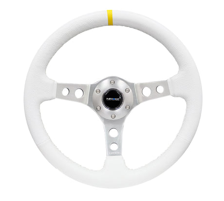 NRG Reinforced Steering Wheel (350mm / 3in. Deep) White Leather w/Silver Spoke & Single Yellow Mark