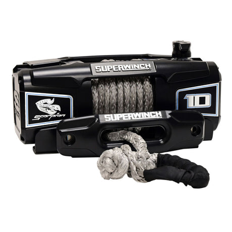 Superwinch 10000 LBS 12V DC 3/8in x 54ft Synthetic Rope Scorpion 10000SR Winch - Black Powdercoat