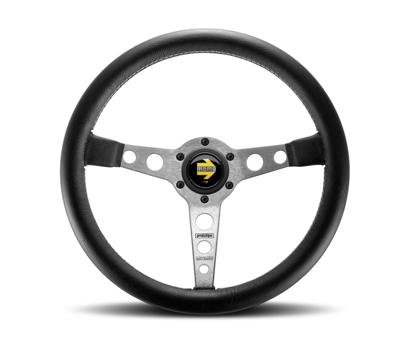 Momo Prototipo Steering Wheel 350 mm - Black Leather/Wht Stitch/Brushed Spokes