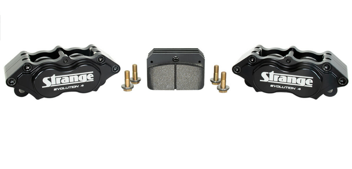 Strange Evolution Dynamic Drive Mount Front Brake Kit 2015-2023 Ford Mustang - 4 1/2" B.C. Evolution S Rotors, 4 Piston Billet Evolution 4 Calipers With DTC-30 Semi Metallic Pads