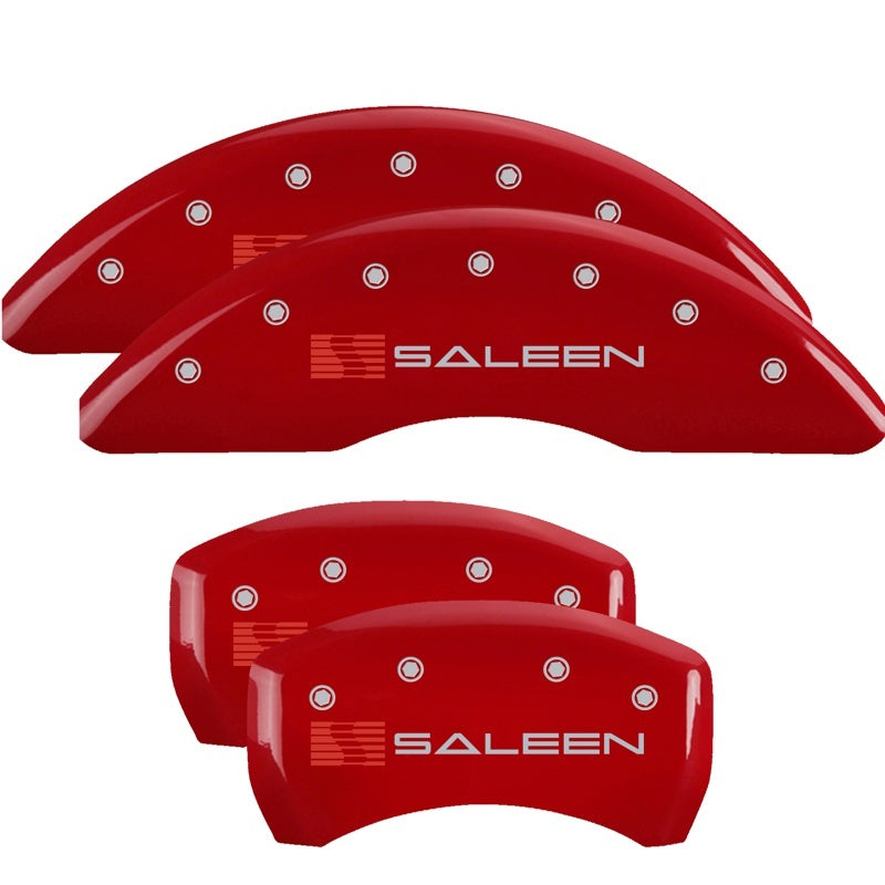 MGP 4 Caliper Covers Engraved Front & Rear 15-23 Ford Mustang Yellow Finish Black Saleen Logo
