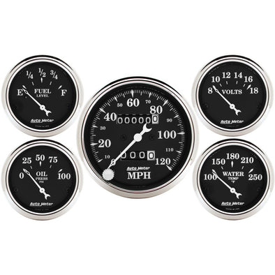 Auto Meter Gauge Kit 5 pc. 3 1/8in & 2 1/16in Mechanical Speedometer Old Tyme Black