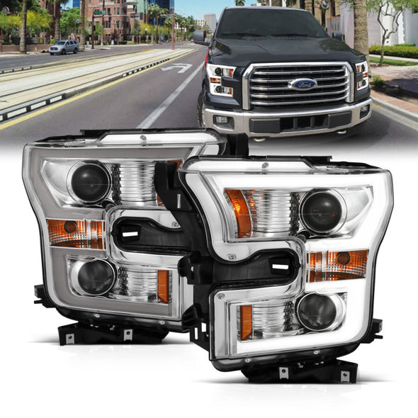 ANZO 2015-2017 Ford F-150 Projector Headlights w/ Plank Style Switchback Chrome w/ Amber