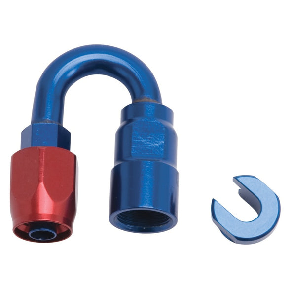 Russell Performance 3/8in SAE Quick Disc Female to -6 Hose Red/Blue 180 Degree Hose End