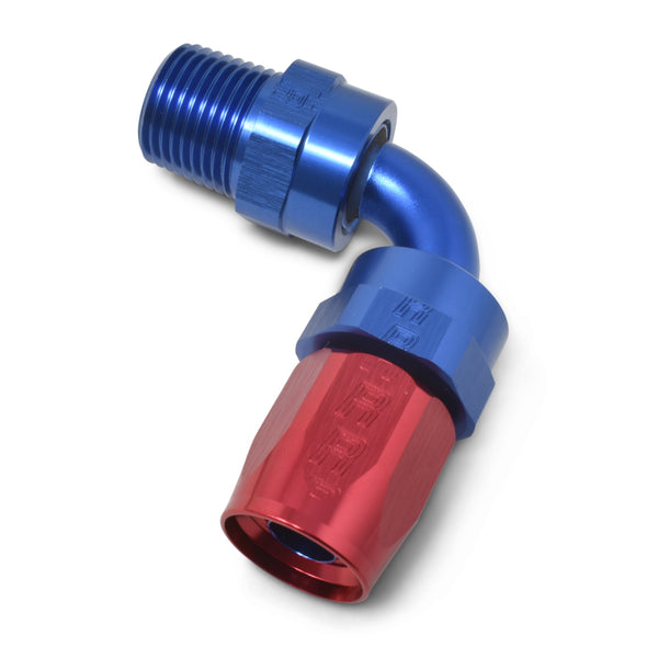 Russell Performance -10 AN Red/Blue 90 Deg Full Flow Swivel Pipe Thread Hose End (With 3/8in NPT)