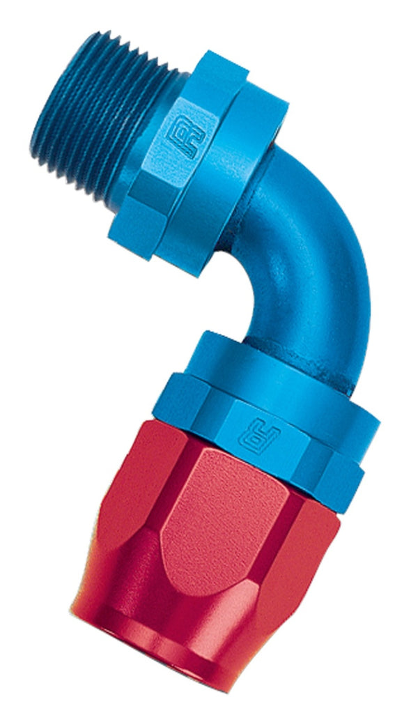 Russell Performance -10 AN Red/Blue 90 Deg Full Flow Swivel Pipe Thread Hose End (With 1/2in NPT)